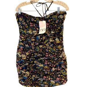 Zara Women’s Size Large Ruched Black Floral Bodycon Mini Dress • Sleeveless NWT